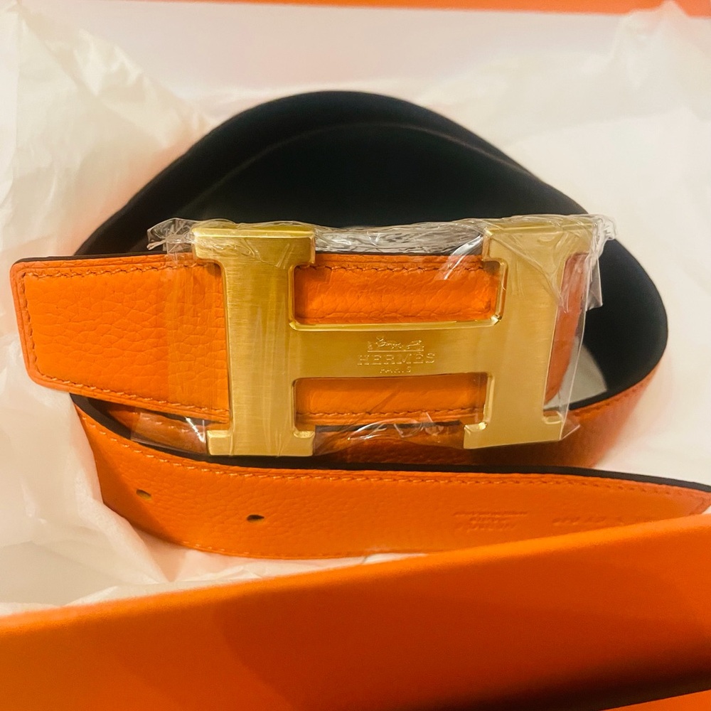 Hermès Orange Leather H Buckle Belt with Gold Hardware